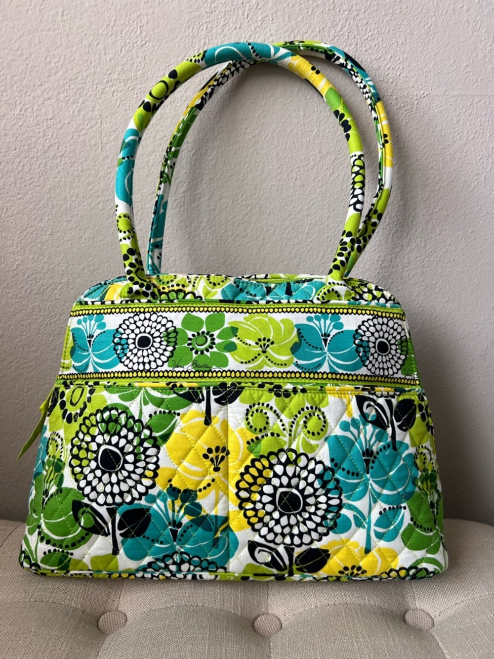 Vera Bradley Bowler Style Bag in Limes Up - Quilted Floral Green & Teal Tote Bag